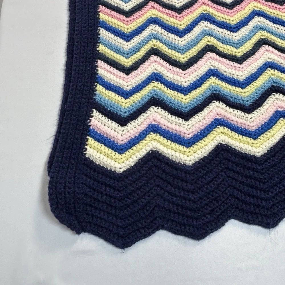 VTG Crocheted ‎ 70's Chevron Afghan Throw Blanket Blue Pink & Yellow 56